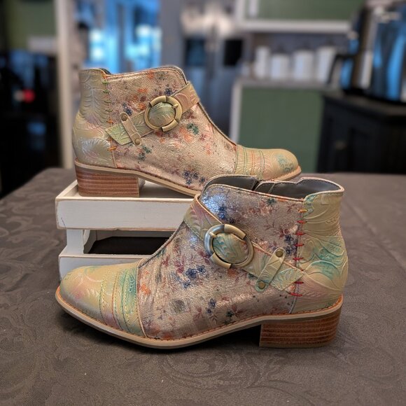 L'artiste Shoes - Spring Step L’Artiste Carolie Beige/Mint Green Multicolor Leather Boot Size 39